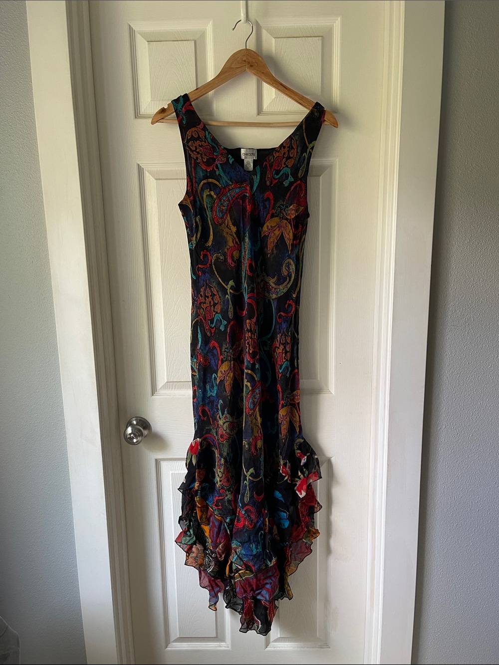 VTG Y2K Chico’s 100% Silk Paisley Flamenco Ruffle Maxi Dress
